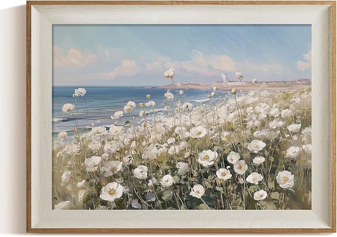 ARPEOTCY Framed Canvas Wall Art, 12x16 Inch Wildflower Coastal Landscape Print, Vintage Floral Seaside Painting for Bedroom, Bathroom, or Cottage, Rustic Horizontal Wall Decor