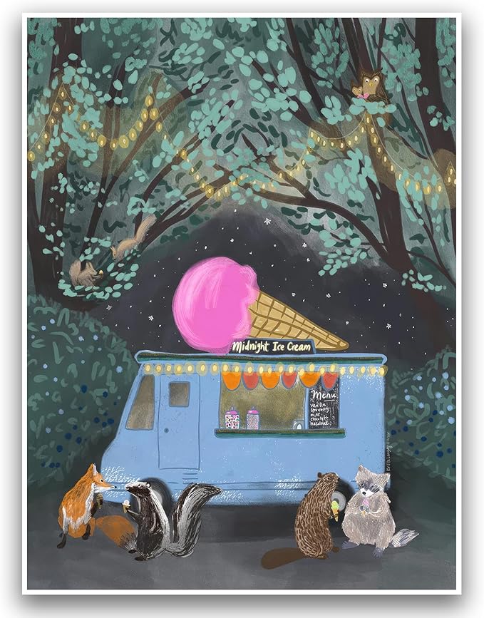 Nursery Poster Cute Animal Picture Vintage Animal Wall Art Nursery Decor Midnight Ice Cream Magical Forest Animals 12x16Inch Unframed Poster for Kids Room Boy and Girls Room Baby Room BedRoom BathRoom