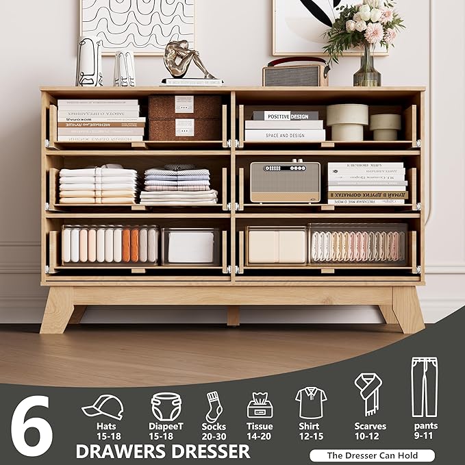 6 Drawer Dresser for Bedroom, Fluted Dressers Chest of Drawers with Gold Handle, Mid Century Modern Dresser for Closet, Wood Closet Storage Organizer Furniture for Bedroom, Living Room, Natural