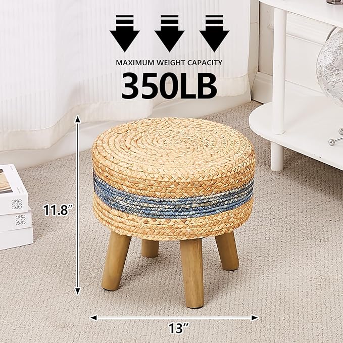 Cpintltr Round Ottoman Natural Seagrass Footstool Hand Weave Water Hyacinth Poufs Eco Friendly Sofa Foot Stool Soft Step Stool Padded Foot Rest with Pine Legs for Living Room (Blue)