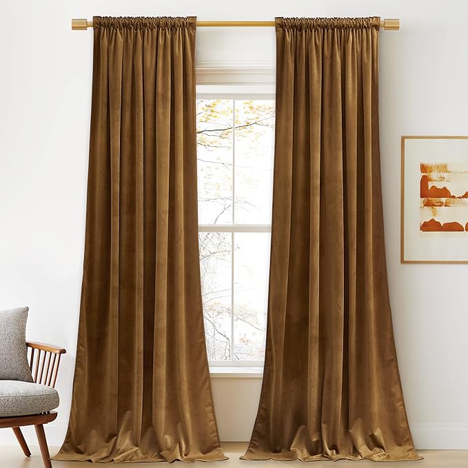 StangH Gold Brown Velvet Curtains 90 inches Long - Classic Traditional Home Decor for Bedroom/Living Room Thermal Insulated Blackout Vintage Drapes for Cottage/Farmhouse/Cabin, W52 x L90, 2 Panels