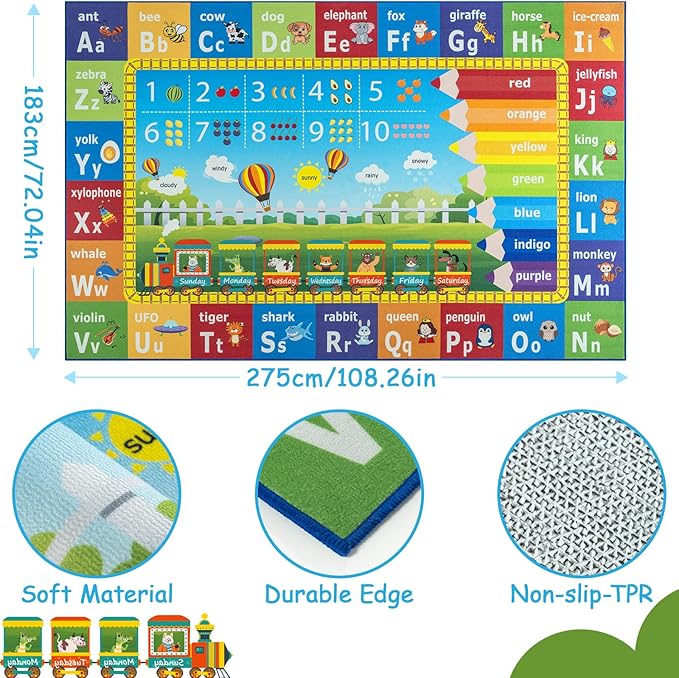 Unirea 6x9 Kids Rug for Playroom Classroom Bedroom, Washable Educational Play Mat with ABC Alphabet, Numbers, Animals for Living Room, Nursery, Colorful Learning Carpet for Toddlers, Rainbow