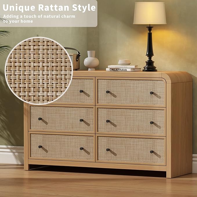 Oak&Sparrow 6 Drawer Dresser for Bedroom, 49'' Rattan Dresser with Ample Storage, Boho Chest of Drawers, Thickened Curved Profile Design, Oak Dressers for Bedroom, Living Room