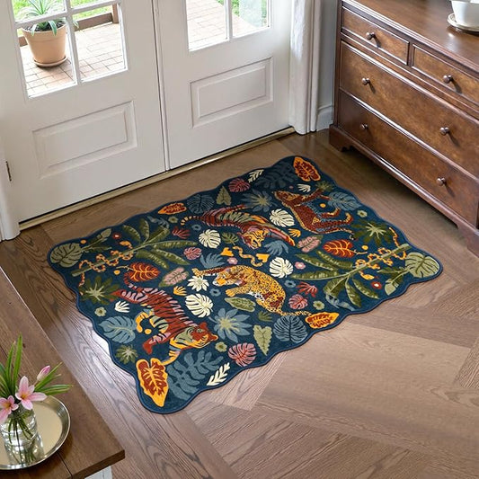 LEEVAN Washable Tiger Rug 2x3 Bathroom Rugs Non Slip Scalloped Blue Entryway Mat Leopard Front Door Mat Low Pile Rug Pad for Porch Soft Jungle Laundry Mat