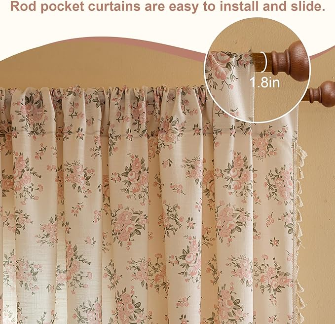 OYX Pink Boho Floral Curtains 84 Inch Long 2panels, French Vintage Farmhouse Patterned Decor Window Drapes with Tassels, Girls Semi-Sheer Light Filtering for Bedroom Living Room (Rod Pocket, 52wx84l)