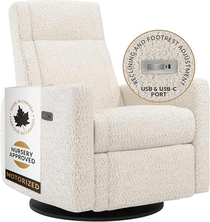 Jaymar Nelly Modern Nursery Chair Glider Recliner with 180° Swivel - Cozy Motorized Reclining Nursing Chair with USB Ports, Gentle Motion, Hybrid Memory Foam, Lumbar Support (Pearl/Puppy Fabric)