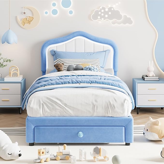 GarveeHome Twin-XL Upholstered Bed Frame with Storage Drawer and Smart Led Headboard, Twin-XL Size Platform Bed Frames for Kids, Wooden Slats Support, No Box Spring Needed, Easy Assembly, Blue