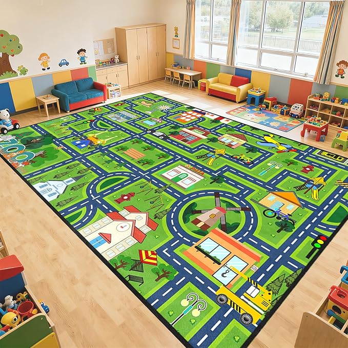 Car Track Rug 8x10 Feet, Kids Play Mat for Boys Room Road Rugs for Playroom Car Play Mat for Toddlers