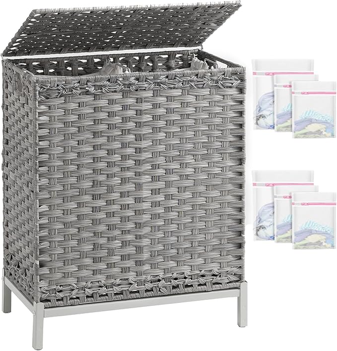Laundry Hamper with Lid, 112 L Handwoven Rattan Wicker Laundry Basket, 2 Removable Liner Bags Metal Heightened Feet, 6 Mesh Bags, 2 Section Large Clothes Hamper for Bathroom Bedroom, Gray