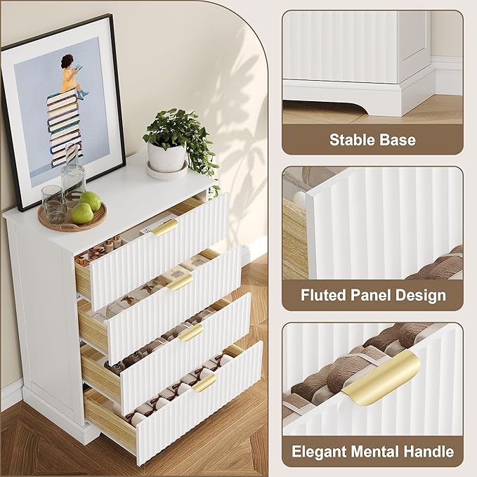 Fluted Dresser with 4 Drawers for Bedroom, 36.6" Tall Dresser with Metal Handle, Wooden Chest of Drawers for Bedroom, Living Room, Entryway, White
