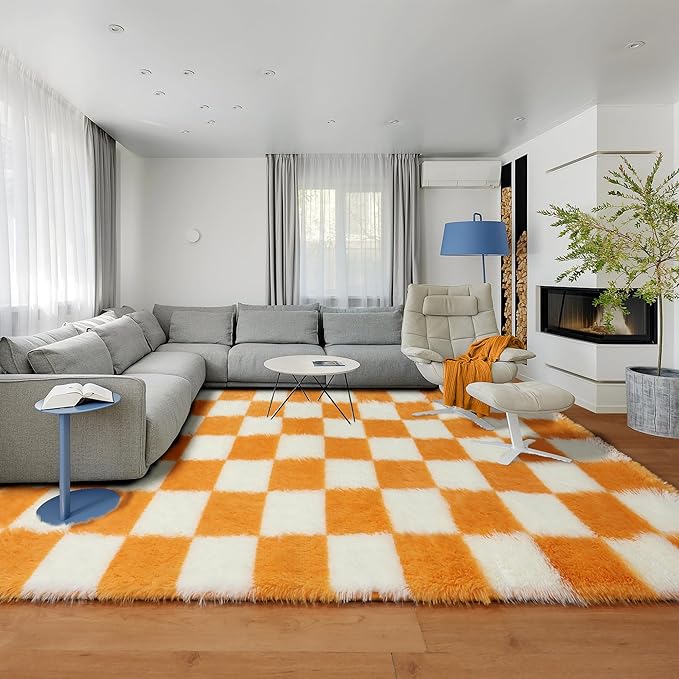 KICMOR 8x10 Area Rugs for Living Room, Large Soft Fluffy Checkered Big Fuzzy Shag Shaggy Carpet for Bedroom, Orange and Cream White Plush Rug for Kids Boys Girls Dorm Nursery Home Decor Aesthetic