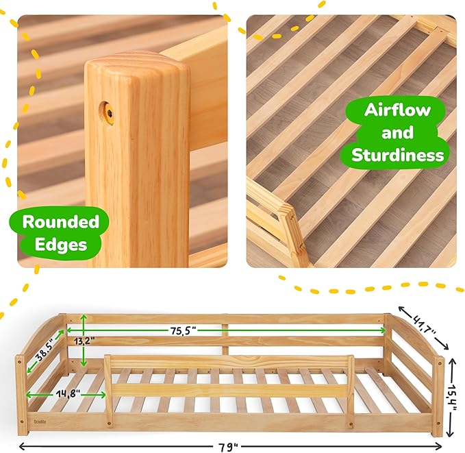 Ocodile Twin Floor Bed with Safety Guardrails for Kids, Montessori Inspired with Rails and 2 Openings, Twin Size Bed Frame for Girls and Boys - Varnished