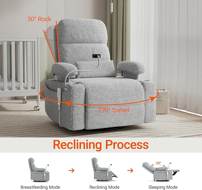MAMAZING Oversized Electric Nursery Rocking Chair with Adjustable Armrests, Power Recliner Glider Nursing Chair for Breastfeeding, USB & Type-C Ports, Phone Holder, Oeko-TEX & FSC Certified(Grey)