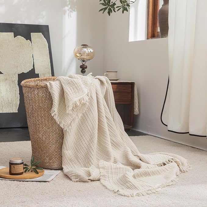 FOSSA Muslin Blanket with Fringe - 4-Layer 100% Cotton Gauze Super Soft & Breathable Throw -Lightweight Decorative Cooling Blanket for Bed, Sofa, Office -Throw XL Size 50" × 70" (Beige)