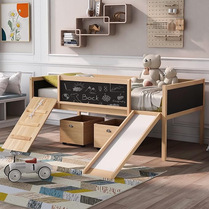 Play Fun Design Twin Size Loft Bed with Slide and Rope Climbing Ladder for Kids Boys Girls, Solid Wood Loft Bed Frame with 2 Storage Boxes and Double-sided Chalkboard, Sturdy Slat Support (Natrual-2)