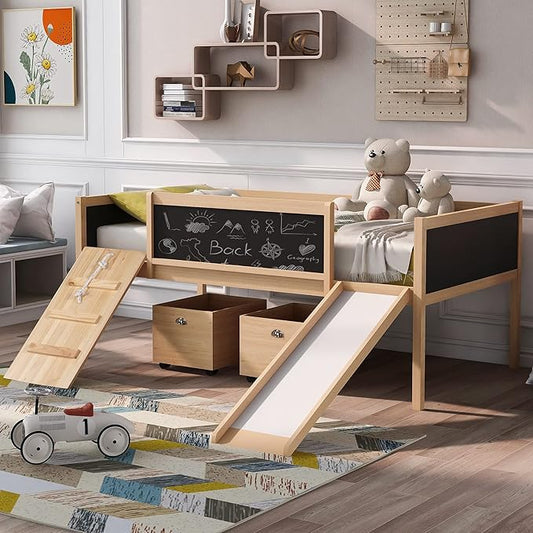 Play Fun Design Twin Size Loft Bed with Slide and Rope Climbing Ladder for Kids Boys Girls, Solid Wood Loft Bed Frame with 2 Storage Boxes and Double-sided Chalkboard, Sturdy Slat Support (Natrual-2)