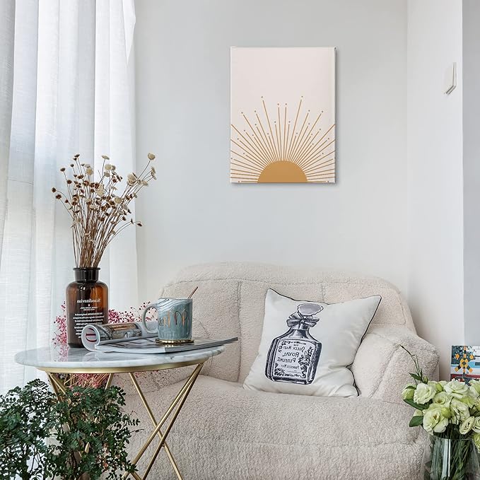 PHAMTE Mid Century Modern Boho Sun Wall Art, Minimalist Sun Sunset Sunrise Sunshine Nursery Print Framed Canvas Painting Artwork Home Bathroom Girls Room Kitchen Office Decor（11x14 Inch）