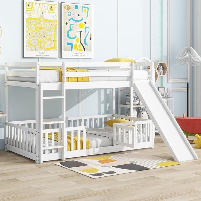 Twin Over Twin Bunk Bed with Slide and Ladder, Wood Floor Bunk Bed Frame with Door and Safety Guardrails for Kids Teens Boys Girls, No Box Spring Needed