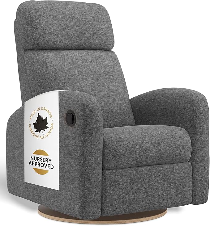 Jaymar Hailey Modern Nursery Glider Recliner Chair (Manual) – Cozy Nursing Chair with 360° Swivel for New Parents, High Back & Low Armrests, Adjustable headrest, Canadian Made (Nexus Charcoal)