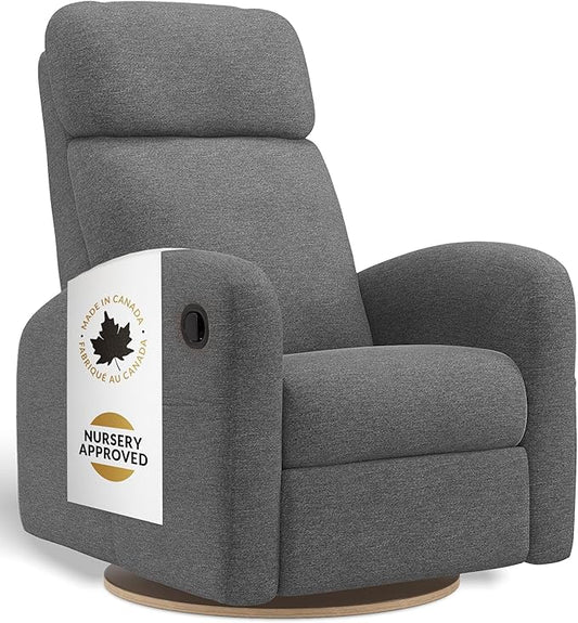 Jaymar Hailey Modern Nursery Glider Recliner Chair (Manual) – Cozy Nursing Chair with 360° Swivel for New Parents, High Back & Low Armrests, Adjustable headrest, Canadian Made (Nexus Charcoal)