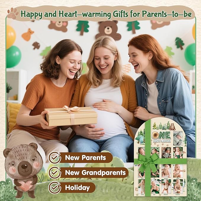 R HORSE My First Year Photo Display Wood Board - 3D One Happy Camper Baby's First Year Picture Frame, 12 Months Camping Milestone Board Neutral Keepsake Gift 1st Birthday Nursery Decor for Boy Girl