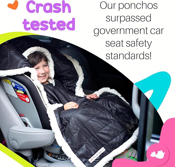 Birdy Boutique Car Seat Poncho for Kids – Reversible Warm Blanket with Hoodie – Safe to Use Over Seat Belts – Easy On, Easy Off, and Doesn’t Impact Seat Performance - Black – One Size