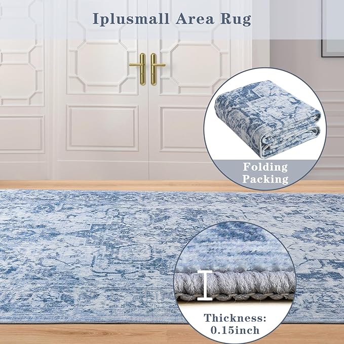Area Rug 8x10, Washable Rug for Living Room, Large Area Rugs for Bedroom, Vintage Rug 8x10 for Dining Room, Non Slip Soft Low Pile Indoor Carpet for Kitchen, Nursery, Office, Farmhouse, Blue