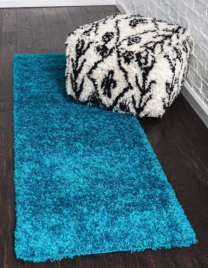 Unique Loom Solid Shag Collection Area Rug (2' 6" x 16' 5" Runner, Turquoise)