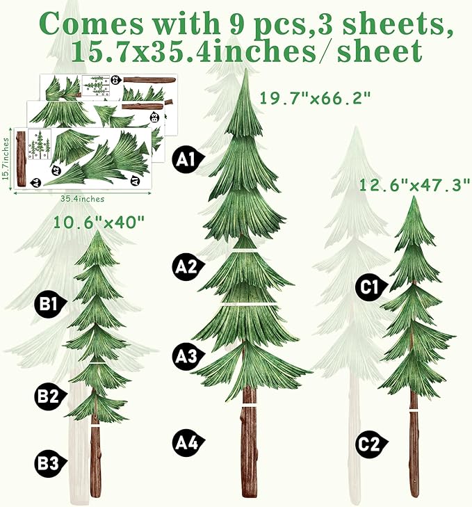 Large Pine Tree Wall Decals Peel and Stick Watercolor Extra Large Tree Wall Decal Forest Nature Green Tree Wall Stickers Giant Pine Tree Wall Decals for Nursery Kids Room Decor