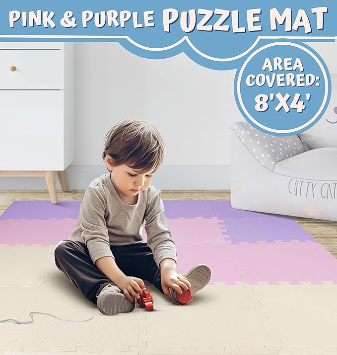 TOYVELT Foam Puzzle Floor Mat for Kids - 12x12-32 Interlocking Play Mat Tiles with Colors - Educational Large Puzzle Foam Floor Tiles for Crawling, Non-Toxic - Pink-Purple-Beige