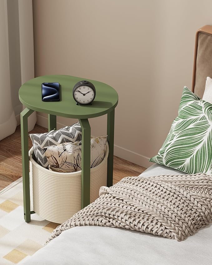 TUTOTAK Small Side Table, Oval End Table, Night Stand, Bedside Table, Sofa Table with Storage Basket, Living Room, Bed Room, Olive Green TB01BOG093