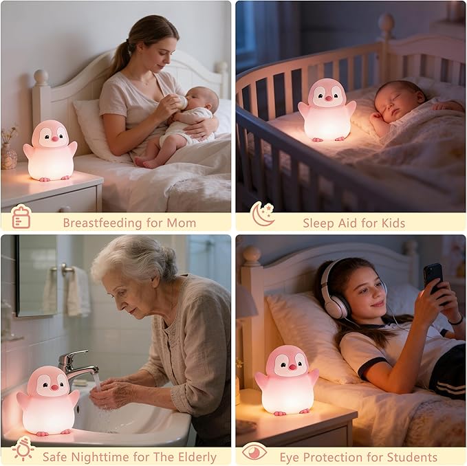 Pink Penguin Night Light,Soft Silicone Nursery Nightlight for Baby,LED Squishy Novelty Animal Bedside Lamp,Rechargeable/Dimmable/Timer,Room Decor, Cute Xmas Gifts for Kids/Girls/ Mom/ Grandma/ Teens