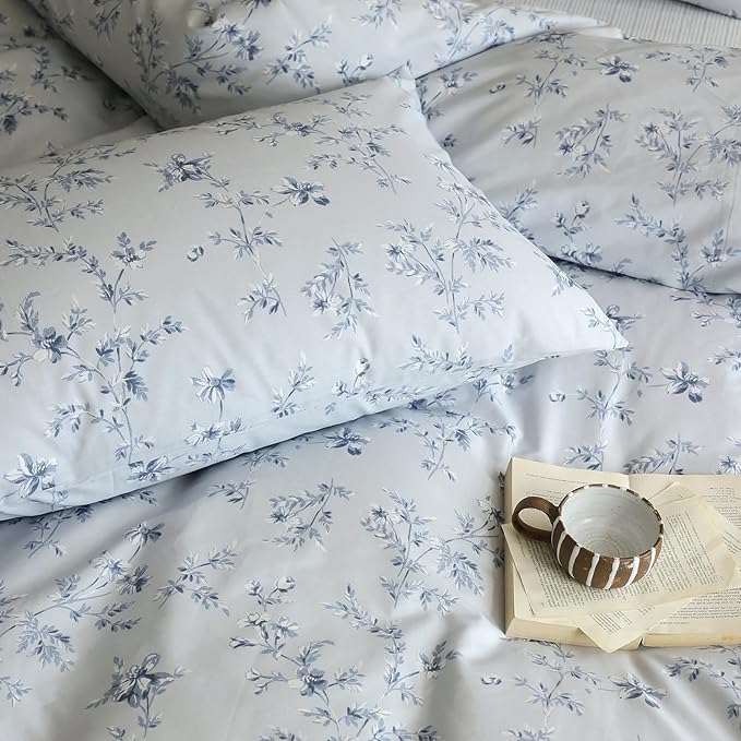 Blue Floral Duvet Cover Full Cute Kids Girls Bedding Set Cozy Cotton Flower Botanical Print Comforter Cover for Teens Children Boys Boho Garden Style Floral Bedding Sets Full with 2 Pillowcases