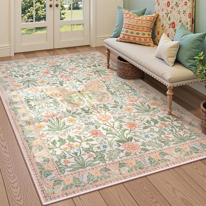 Collive Washable 6x9 Butterfly Area Rug, Pink Boho Floral Rugs for Girls Room, Soft Retro Non Slip Ultra Thin Insect Floor Carpet for Bedroom Living Room Playroom Nursery
