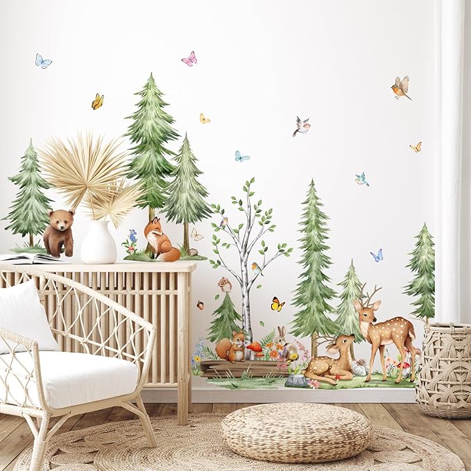 Woodland Pine Tree Wall Decals Forest Animals Wall Stickers Peel and Stick Wall Decal Living Room Baby Nursery Bedroom Kids Room Wall Decor