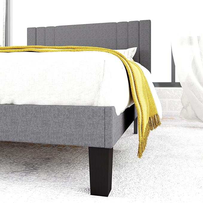 Tyndall Queen Size Bed Frame, Linen Fabric Upholstered Platform with Headboard