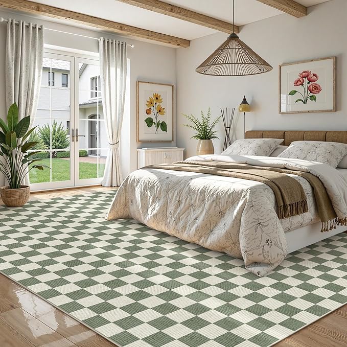 LIVEBOX 10x14 Area Rugs for Living Room, Checkered Non-Slip Washable Rugs, Farmhouse Neutral Classic Geometric Pattern Large Boys Area Rug for Bedroom, Carpet for Dining Room Office (Green,10'x14')