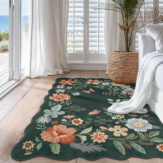 Lahome Floral Washable Rug- 4x6ft Green Bedroom Girls Ultra-Thin Soft Living Room Non-Slip Stain Resistant Boho Lightweight Throw Rug for Nursery Office, Dark Green