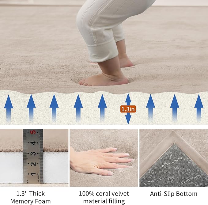ACOMOPACK Baby Play Mat for Floor,1.3" Thick Memory Foam Area Rug for Living Room,Soft Velvet Crawling with Non-Slip Bottom for Kid,Toddler,79"×118" Tummy Time Nursery Rugs,Yoga（Beige）