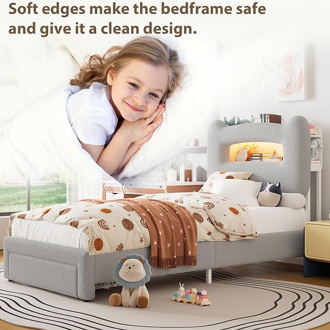 GarveeHome LED Twin Bed Frame with 2-Tier Storage Headboard, Upholstered Platform Bed with Charging Station and Drawer for Kids/Girls/Boys, Heavy Duty Metal Support, No Box Spring Needed, Grey