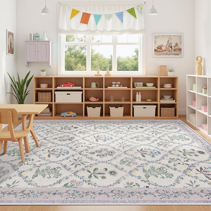 Purple Rugs for Bedroom, Machine Washable Area Rug 6x9 for Floral Nursery Decor, Large Non-Slip Cute Carpet for Baby Kids Bedroom Under Bed, Lounge, Dorm, Living Room Decor, Purple Grey