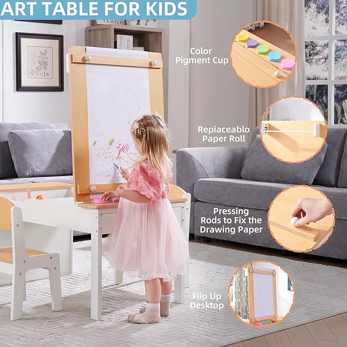 Kids Art Table and Art Easel Table & 2 Chair Set, 2 in 1 Toddler Craft and Play Wood Activity Table with Storage Bins and Paper Roll (Natural & White)