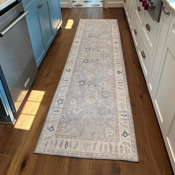 Fame Rugs Gray Modern Oushak Rug 2'6"x10, Vintage Turkish Colorful Oriental Antique Inspired Foldable Long Washable Runner Rugs, Luxury Living Room Bedroom (Gbeige, 2'6" x 10')