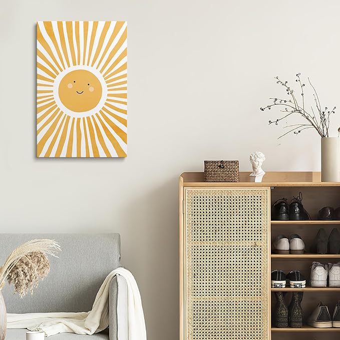 XWELLDAN Cute Cartoon Smiling Sun Cheerful Nursery Wall Art Canvas Prints,Watercolor Boho Neutral Sun Sunshine Wall Art Decor for Kids Baby Bedroom Nursery Playroom, 16 x 24 Inch, Framed
