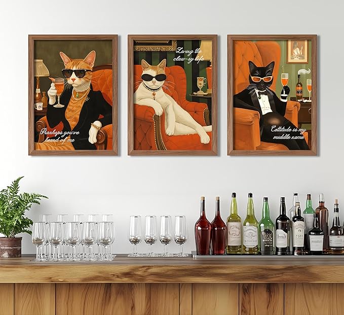 3Pcs Funny Cat Canvas Wall Art Elegant White Black Orange Cat Drinking Cocktail Painting Picture Wall Decor Luxury Feline Poster Print Bar Cart Artwork Decor for Bar Dining Room Bedroom Home Decortion