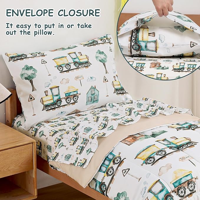 Mooreeke 4 Pieces Toddler Bedding Set - Brown Country Train Town Toddler Comforter Sets for Boys, Includes Comforter, Flat Sheet, Fitted Sheet and Pillowcase, Bed in A Bag for Baby Bedroom