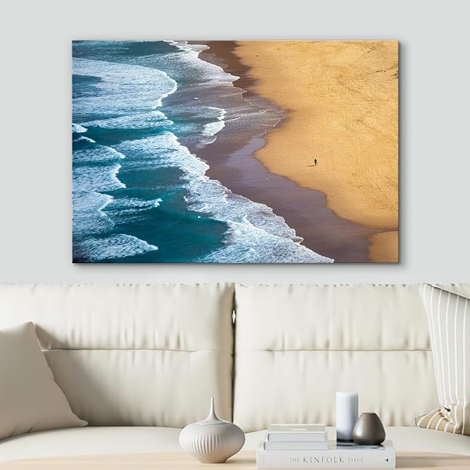 SIGNWIN Canvas Wall Art Serene Ocean Shoreline Aerial Beach View with Rolling Waves and Lone Surfer Photography Modern Art Rustic Landscape Relax/Calm for Living Room, Bedroom - 32"x48"