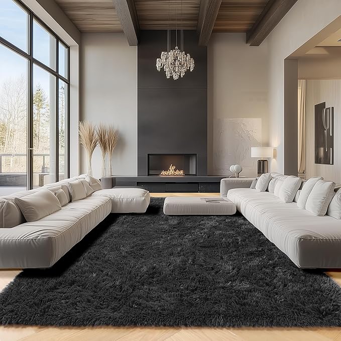 ONASAR Black Area Rugs 9x12 Living Room, Large Fluffy Shag Bedroom Rug, Washable Soft Plush Thick Shaggy Big Floor Carpet for Kids Boy and Girls Teen Dorm Nursery Indoor Home Decor Aesthetic