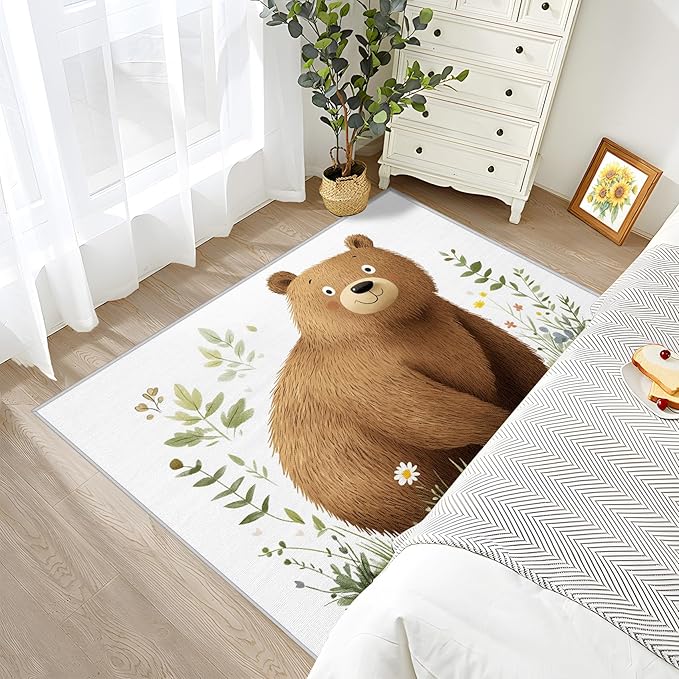 Bear Rug Kids - Brown Bear Area Rug 6x9 - Washable Non Slip Foldable, Kawaii Cartoon Animal Rugs for Living Room Bedroom, Kids Boys Girls Carpet, Cute Animal Home Decor & Gifts