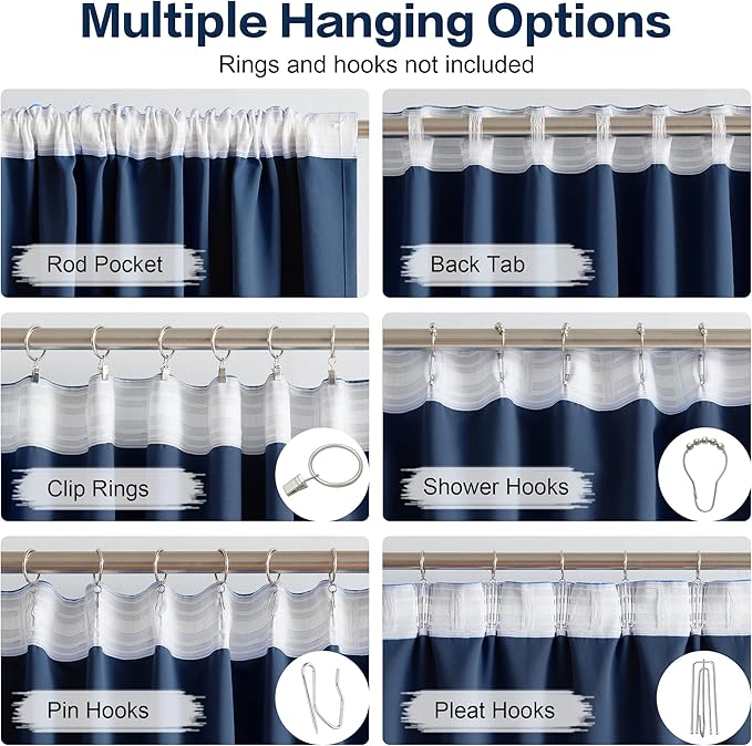 DUALIFE Extra Long Blackout Curtains Thermal Insulated Blackout Drapes Window Treatment Panels Room Darkening Bedroom Draperies for Living Room Back Tab/Rod Pocket, Navy Blue, W52 x L132, 2 Panels
